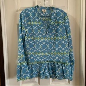 Corsage Blue/Green Print Ruffle Hem Blouse Small